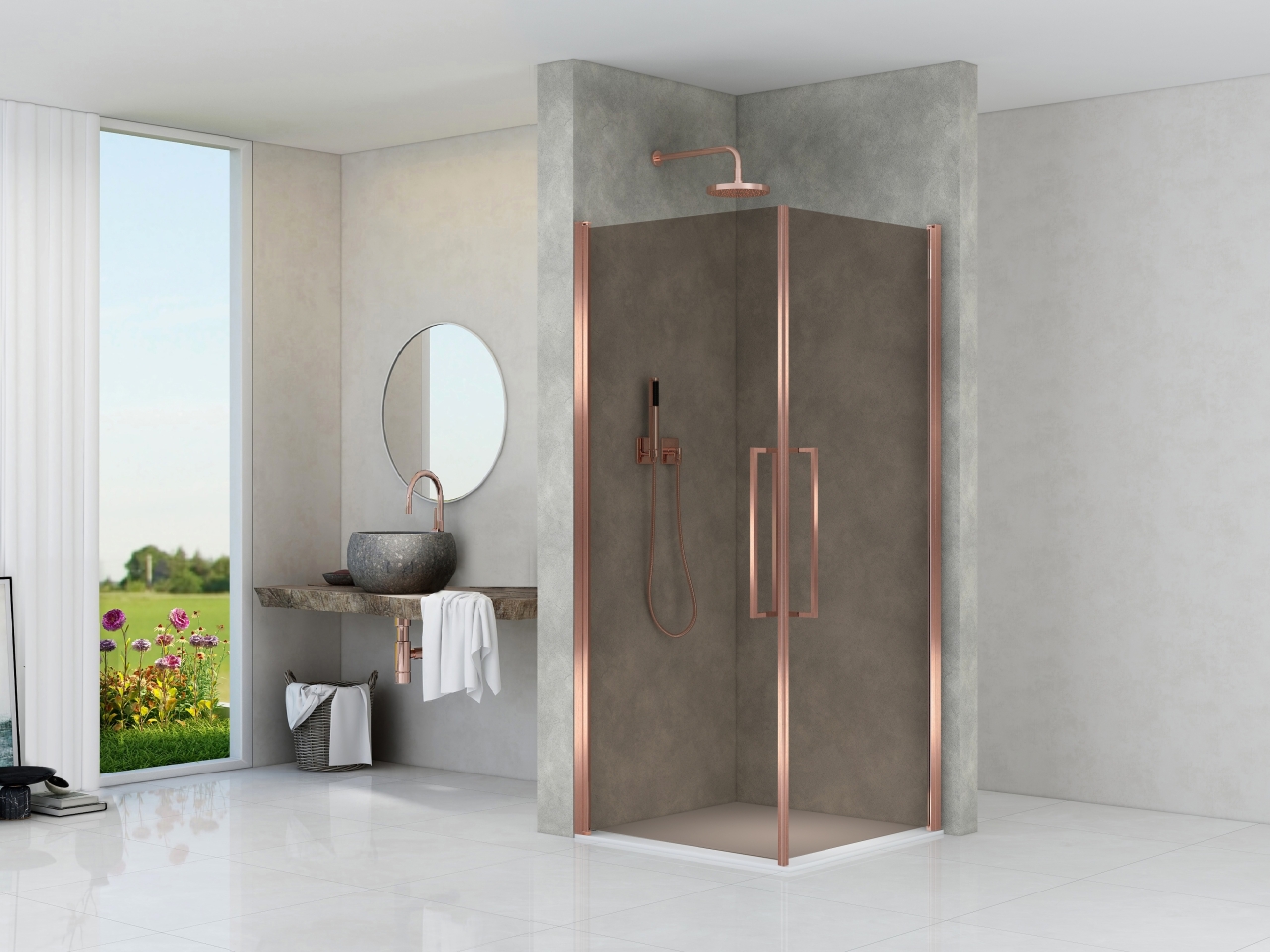 Hoekinstap bestaande uit 2 deuren 2000 mm hoog rookglas brons Brushed bronze beslag