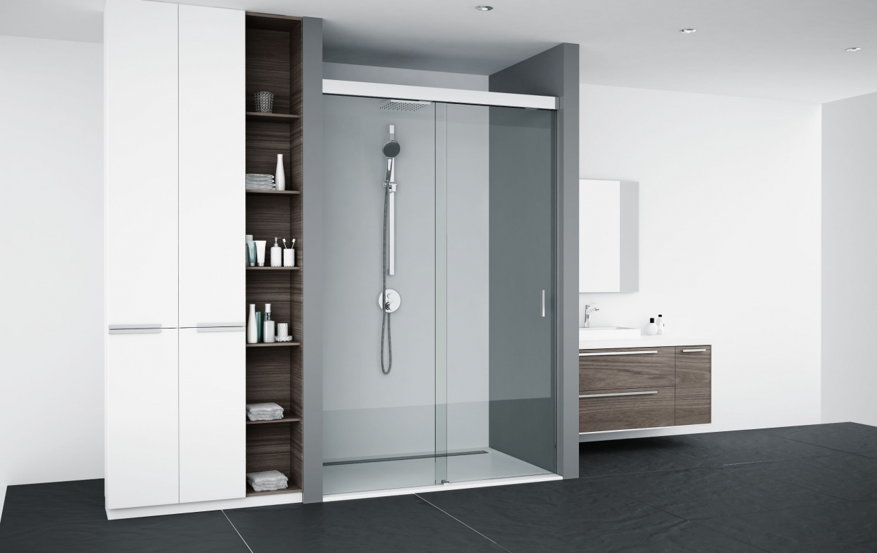 Schuifdeursysteem softclose 8mm rookglas brons max 1400x2100 mm met Chroom beslag
