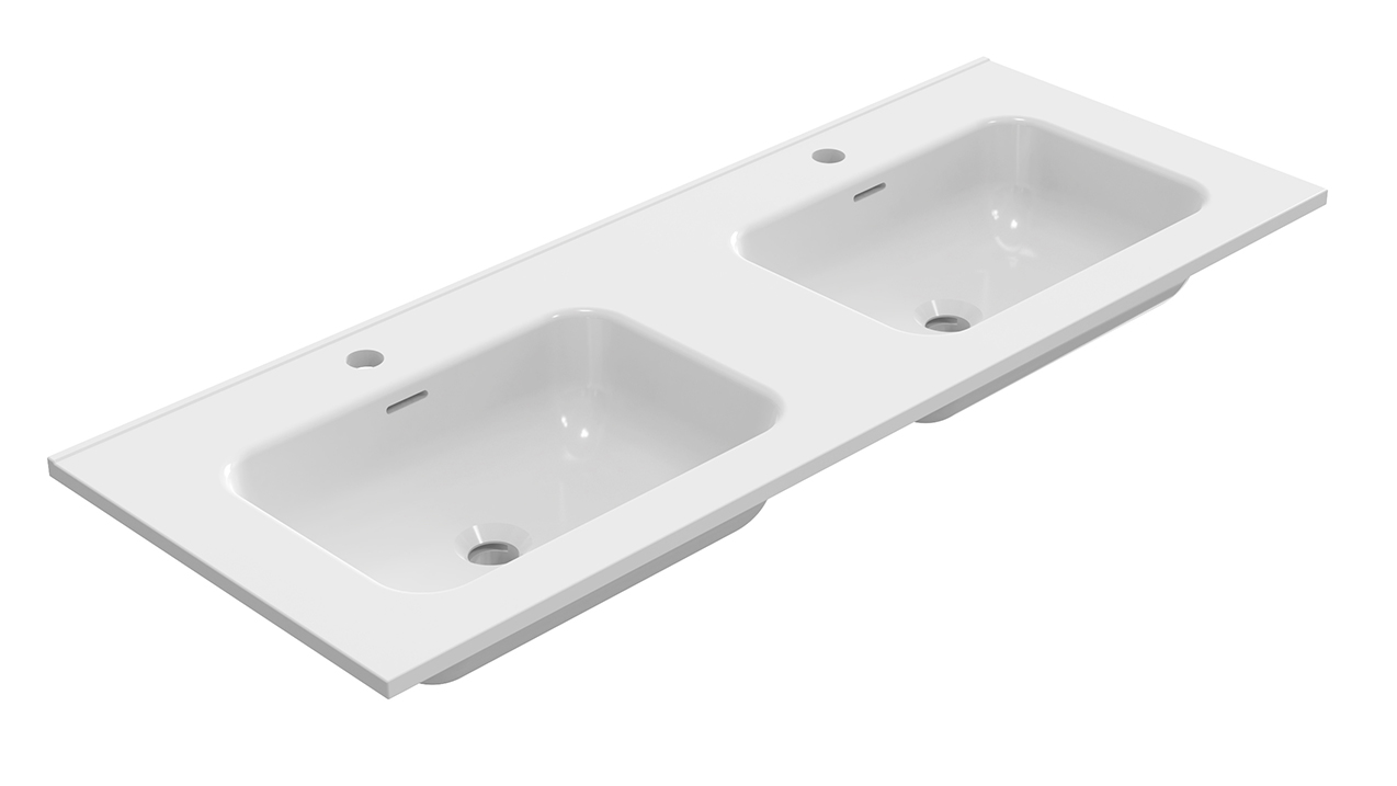 Bajo wastafel dubbel met 2 kraangaten 120 x 46 x 1,8 cm keramiek glans wit