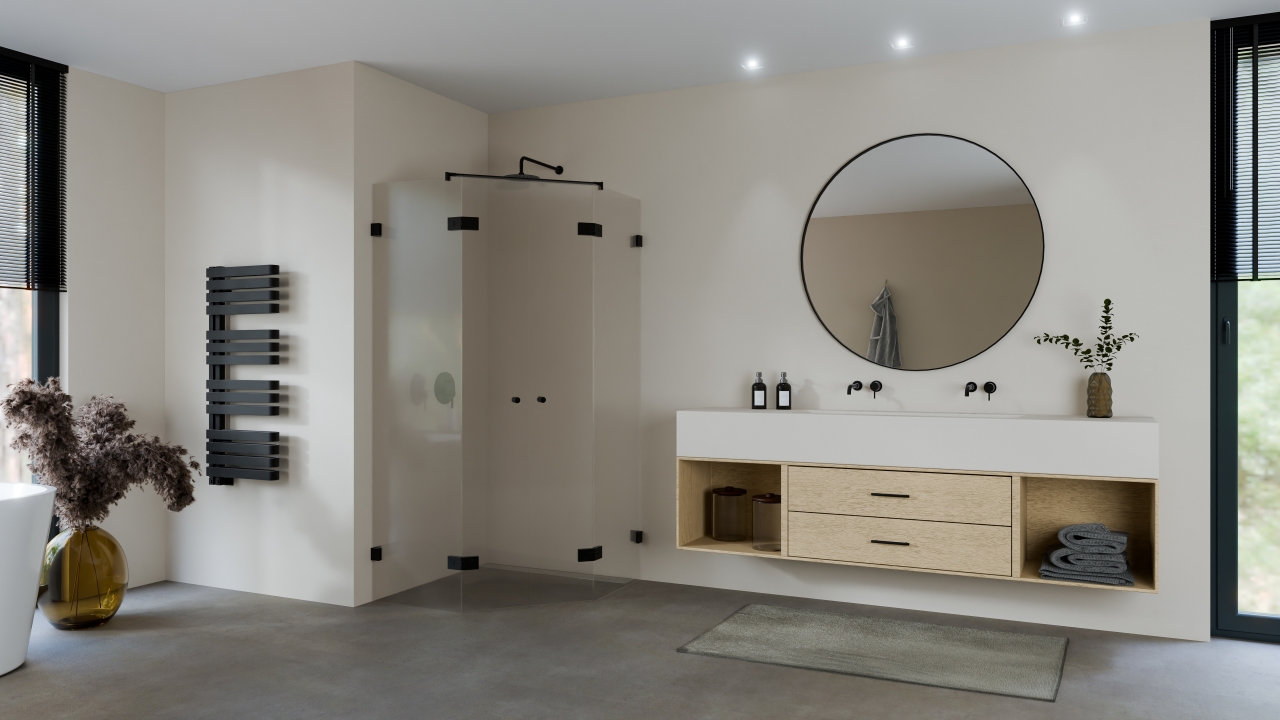 Vijfhoek cabine 2 deuren glasplus max 100x100x200 cm met zwart beslag en ronde knop