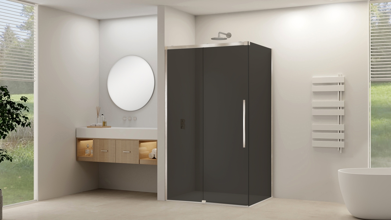 Zijwand tbv hoekcabine grijs rookglas incl. glasbehandeling (970-990) x 2000 Geborsteld RVS beslag