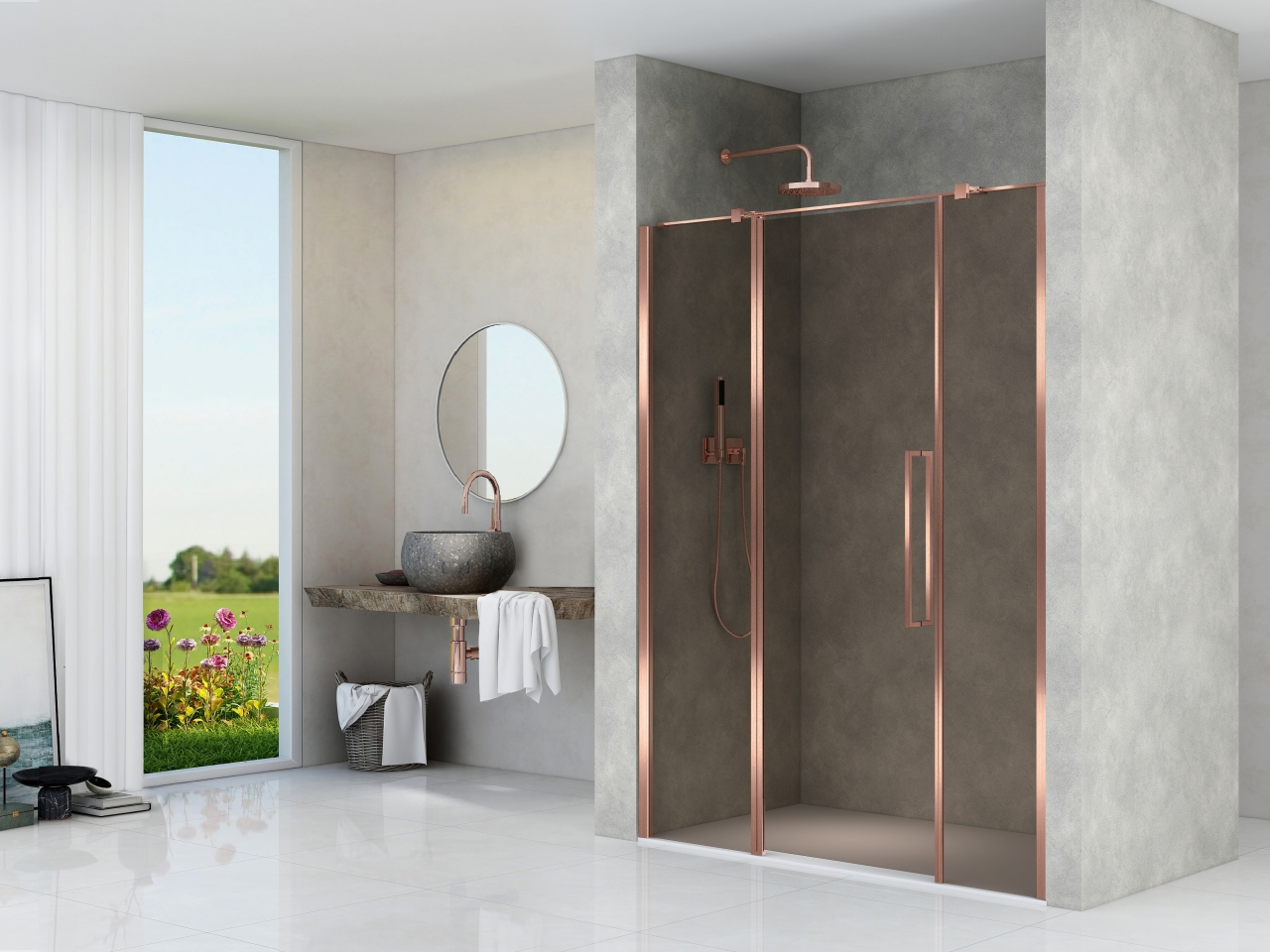 Inline opstelling met 2 vaste delen 2000 mm hoog rookglas brons Brushed bronze beslag