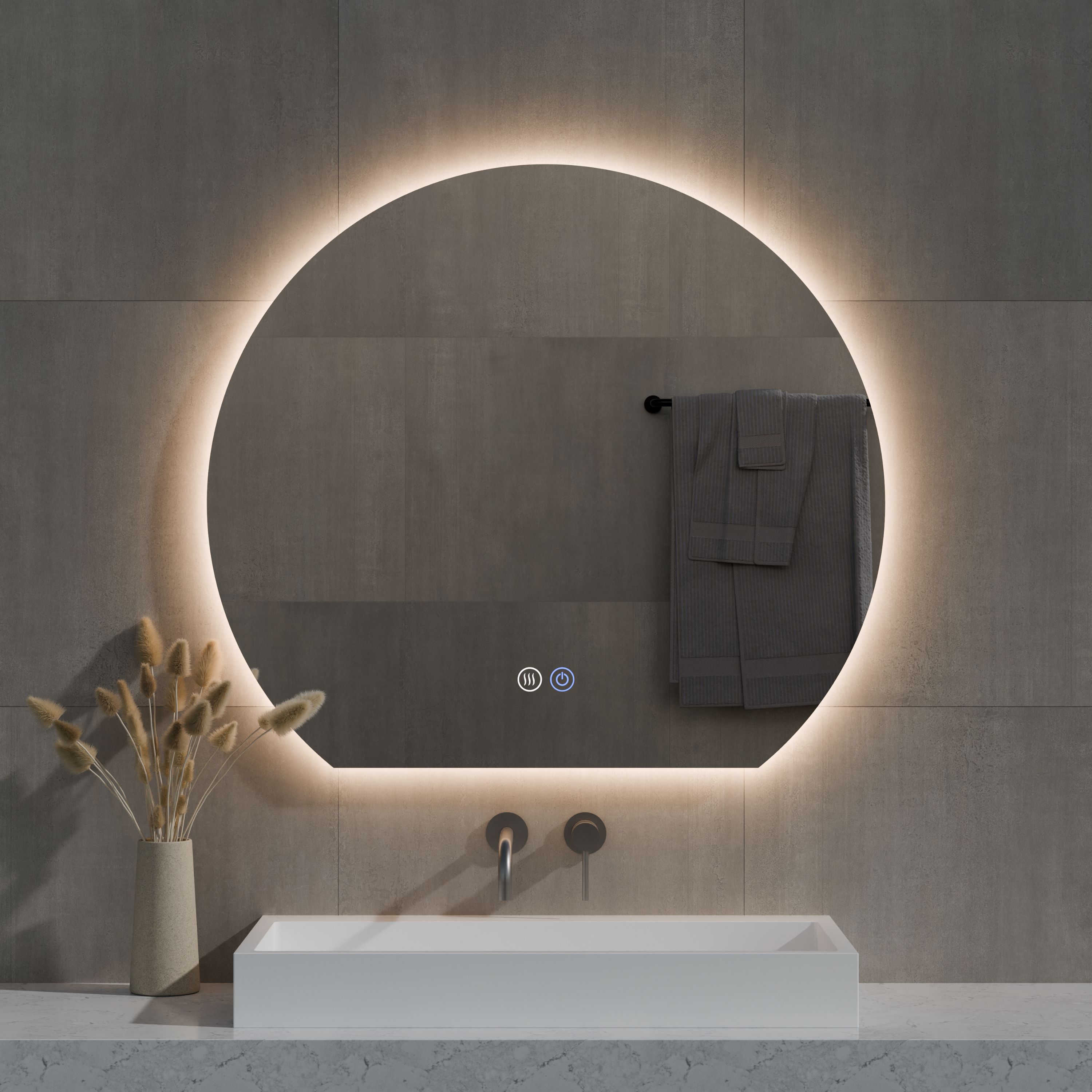 Best-Design "Sunset" half ronde spiegel incl. verwarming, 3 kleuren LED verlichting, dimbaar 60x54 cm