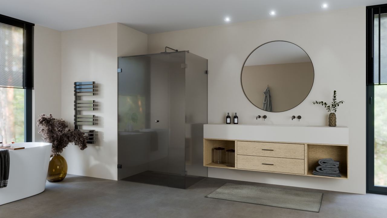 Deur met vast deel en zijwand met stabilisatiestang dark grey glas max 100x100x260 met glans gun metal beslag en ronde knop