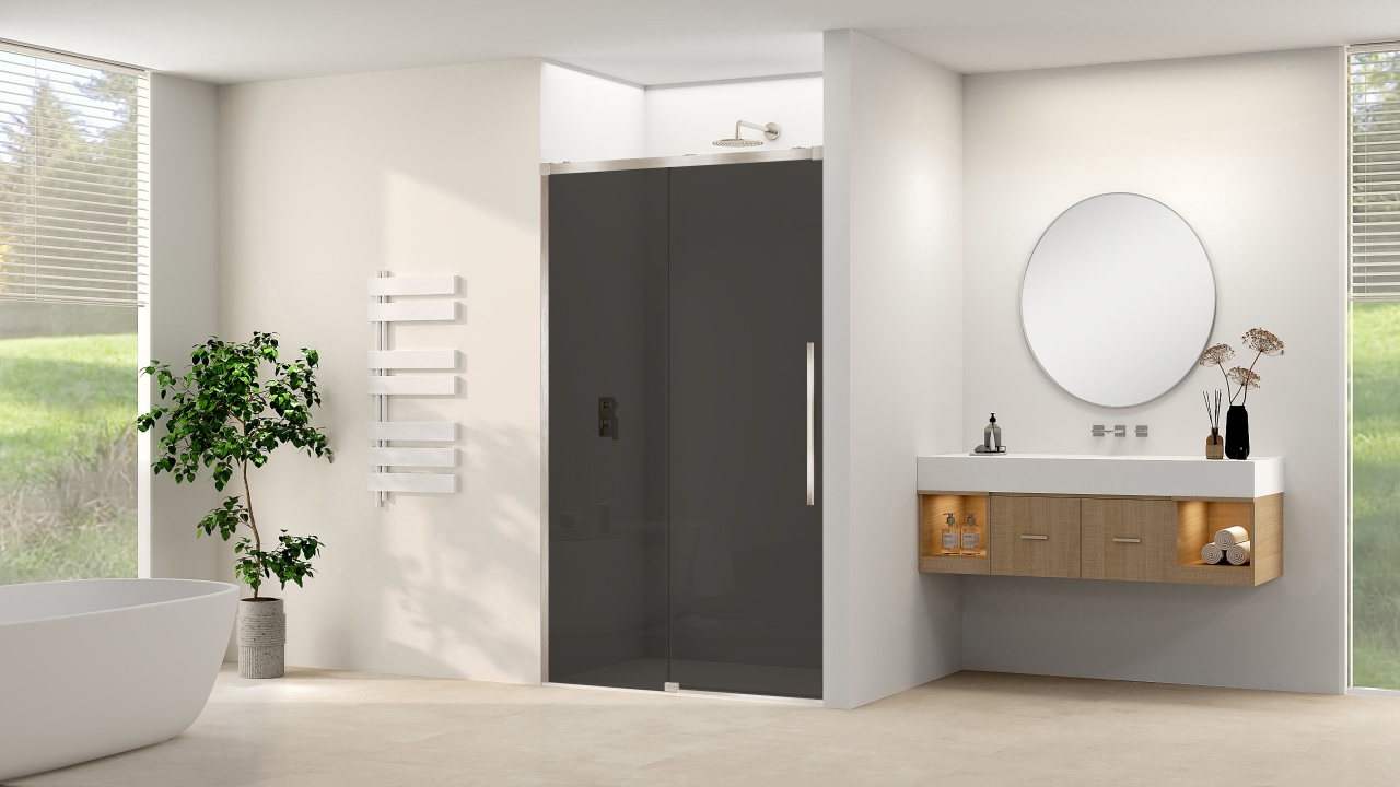 Schuifdeur aan vast deel incl. soft-close grijs rookglas incl. glasbehandeling (1550 x 1600) x 2000 Geborsteld RVS beslag