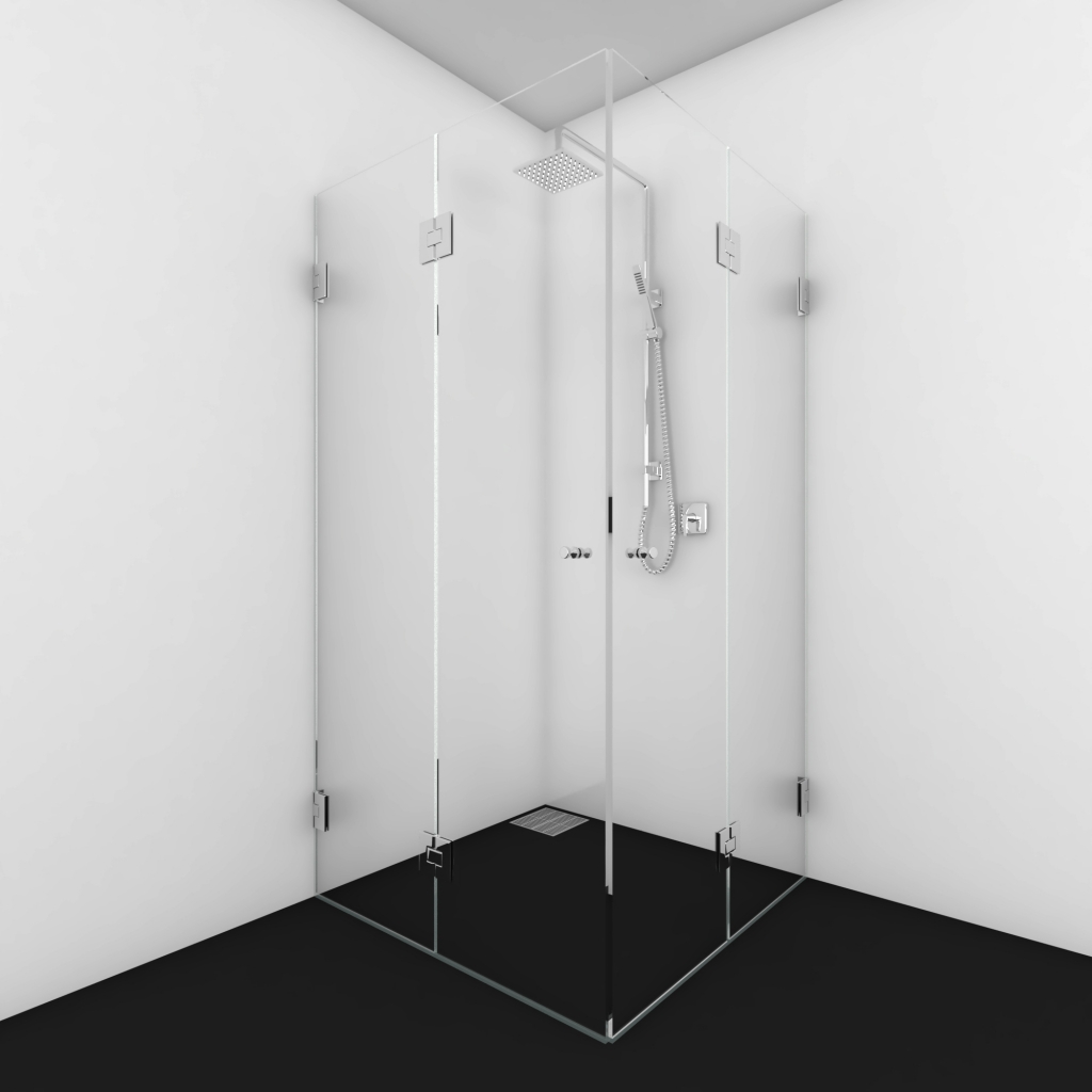 Hoekcabine met 2 vouwdeuren rookglas brons max 100x100x200 cm met Inox/rvs look beslag en designgat