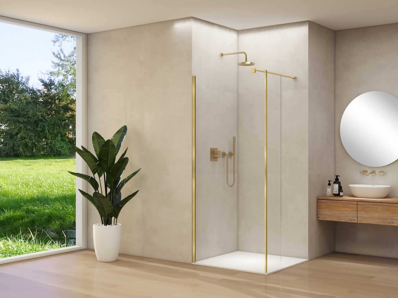 Inloopdouche met vast haaks deel 2000 mm hoog rookglas brons Brushed bronze beslag