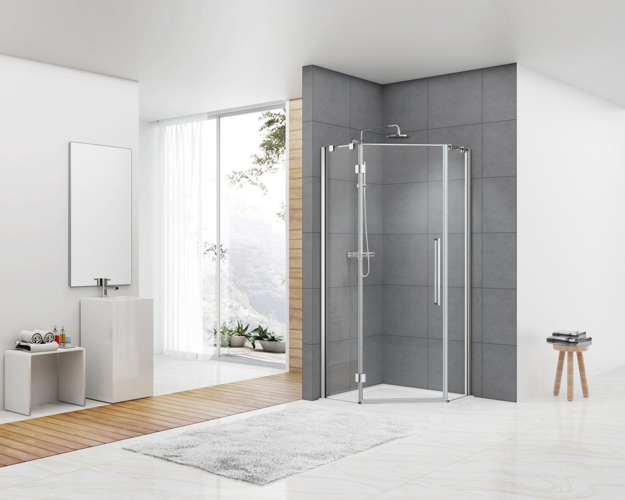 Deur en zijwand met stabilisatiestang Grijs gesatineerd glas max 100x100x200 cm met zwart beslag en ronde knop