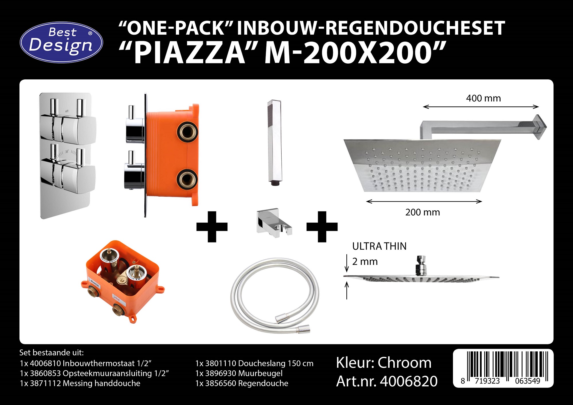 Best-Design "One pack" inbouw-regendoucheset & Inb.box "Piazza vierkant M-200x200"