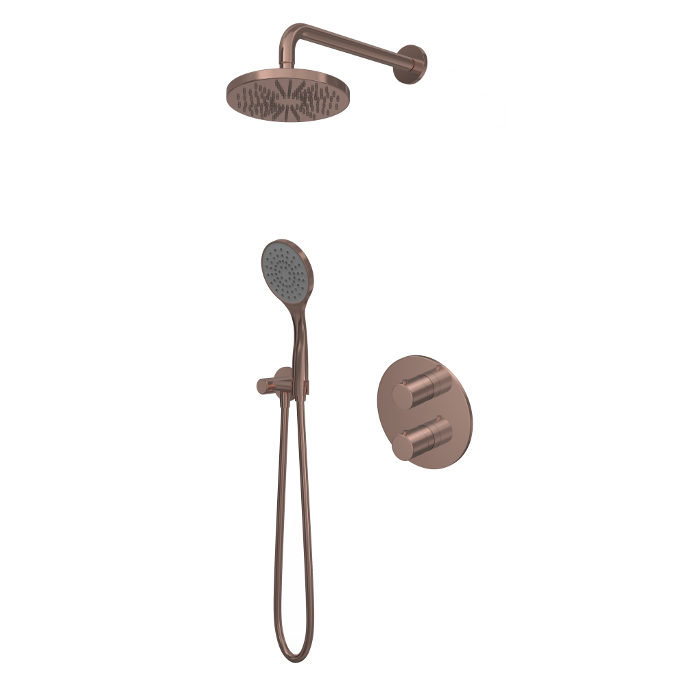 Buddy IBS12A inbouw-doucheset met 2-weg omstel - Geborsteld koper PVD - Staaf, 1 stand handdouche - Wandarm 35 cm - Rond Ø20 cm hoofddouche - zonder glijstang