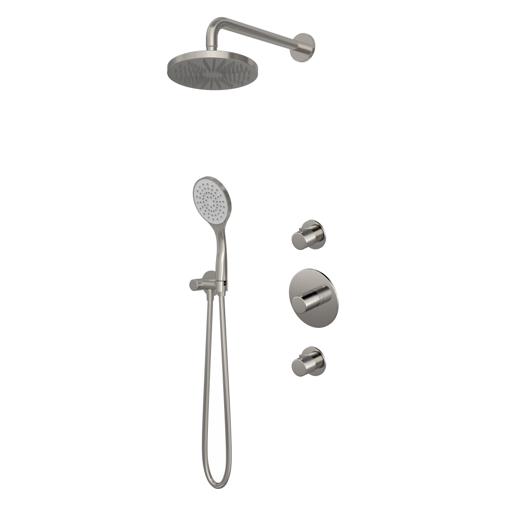 Buddy IBS12 inbouw-doucheset met 2 stopkranen - Geborsteld nikkel - Staaf, 1 stand handdouche - Wandarm 35 cm - Rond Ø20 cm hoofddouche - zonder glijstang