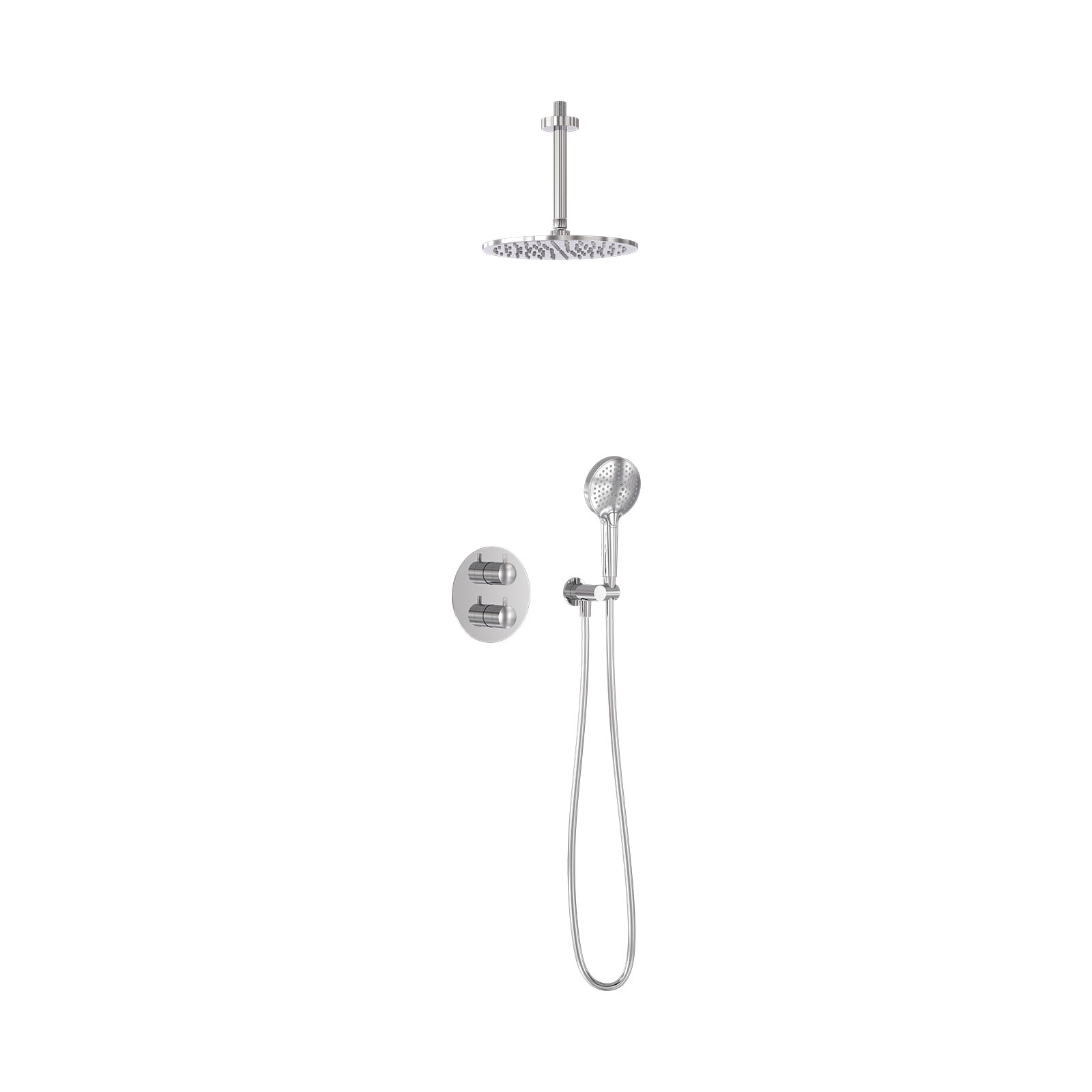 Regendoucheset inbouw met thermostaat en plafondbuis, incl. 3-standen handdouche en hoofddouche Ø25cm - Chroom