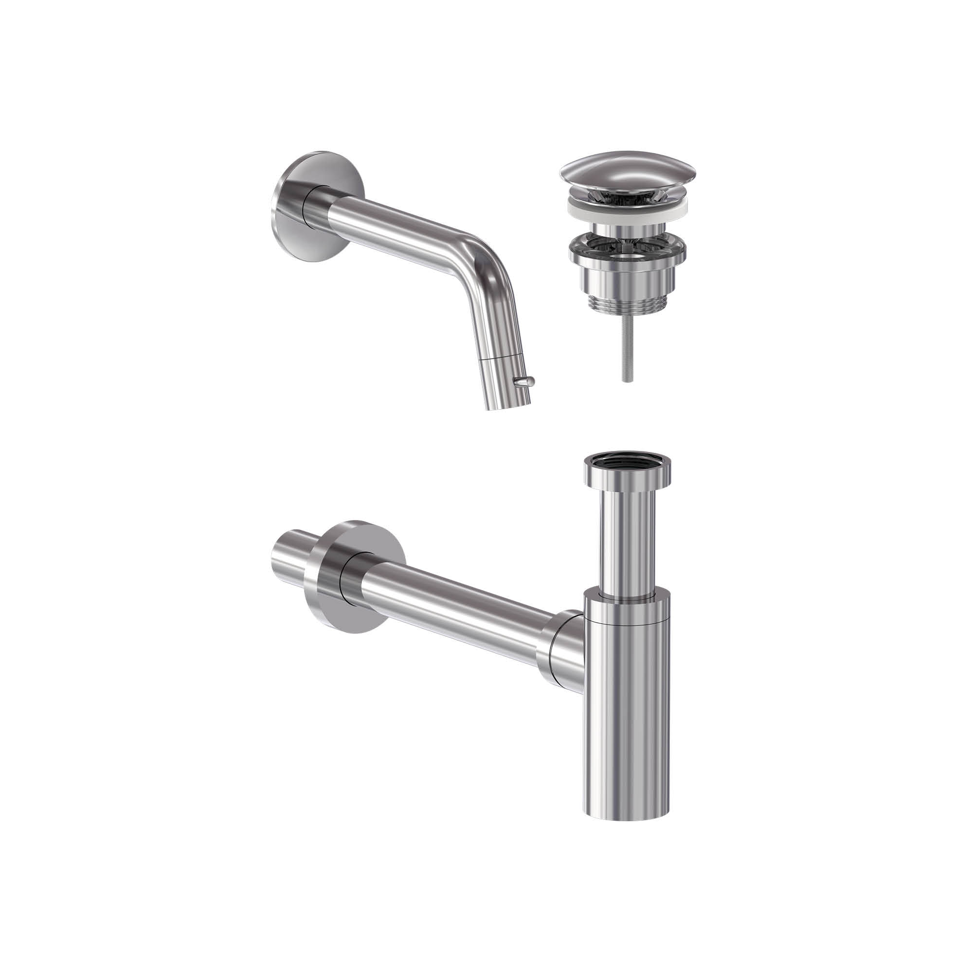 Combiset wandfonteinkraan, designplug en syphon - Chroom