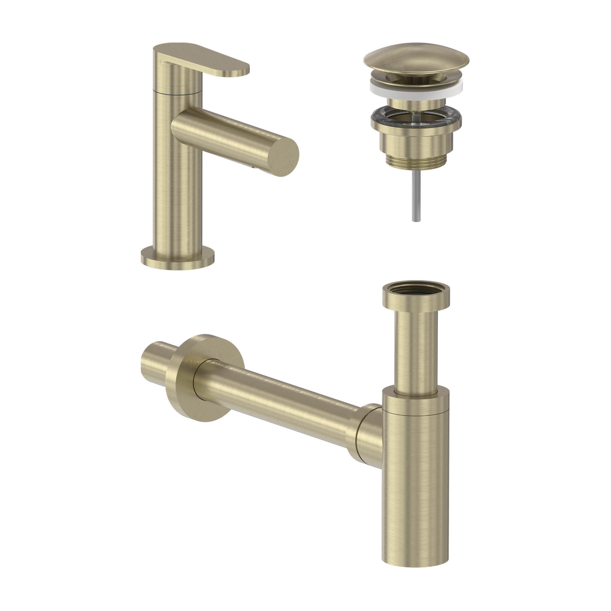 Combiset fonteinkraan, designplug en syphon - Geborsteld mat goud PVD
