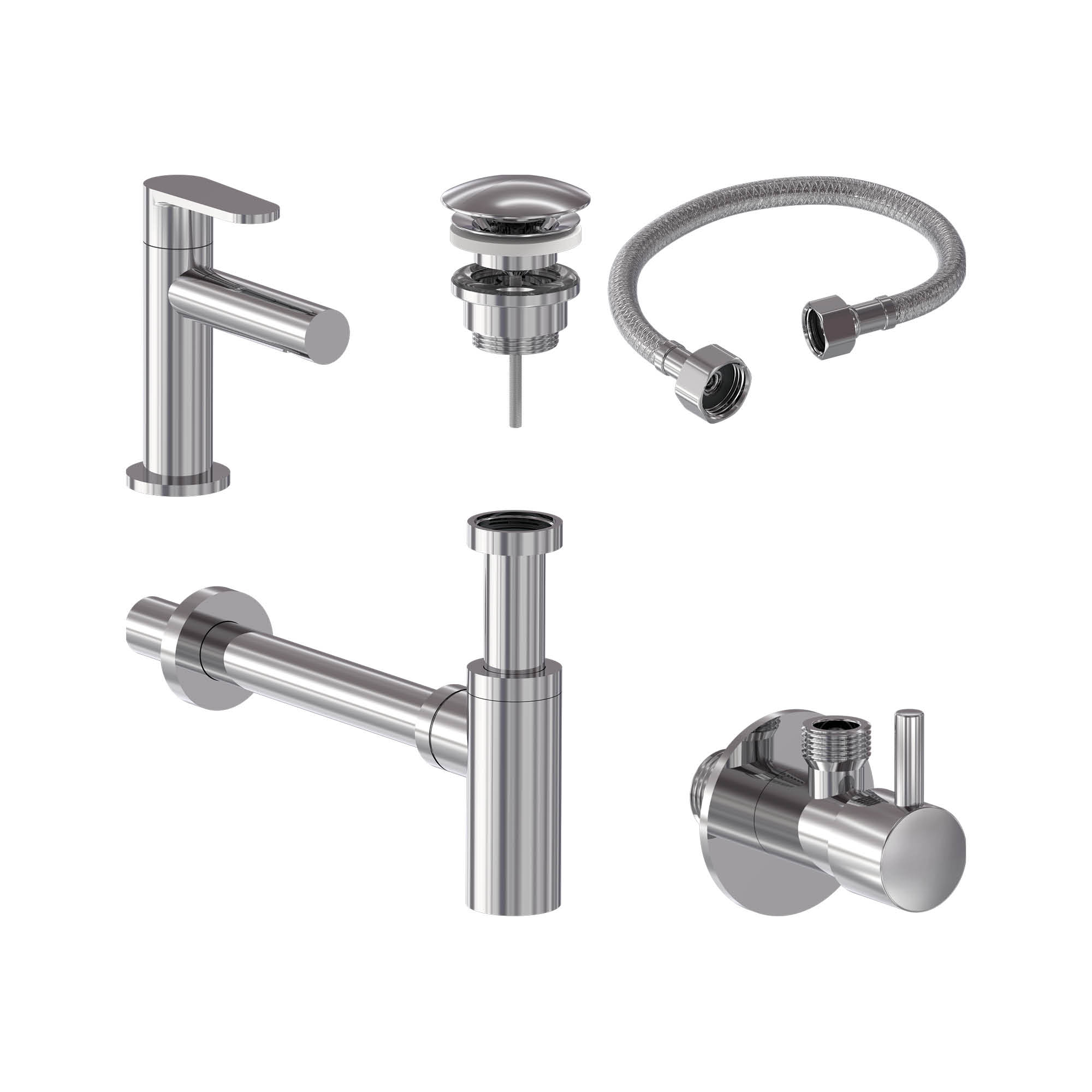 Combiset+ fonteinkraan, designplug, syphon, slang en stopkraan - Chroom