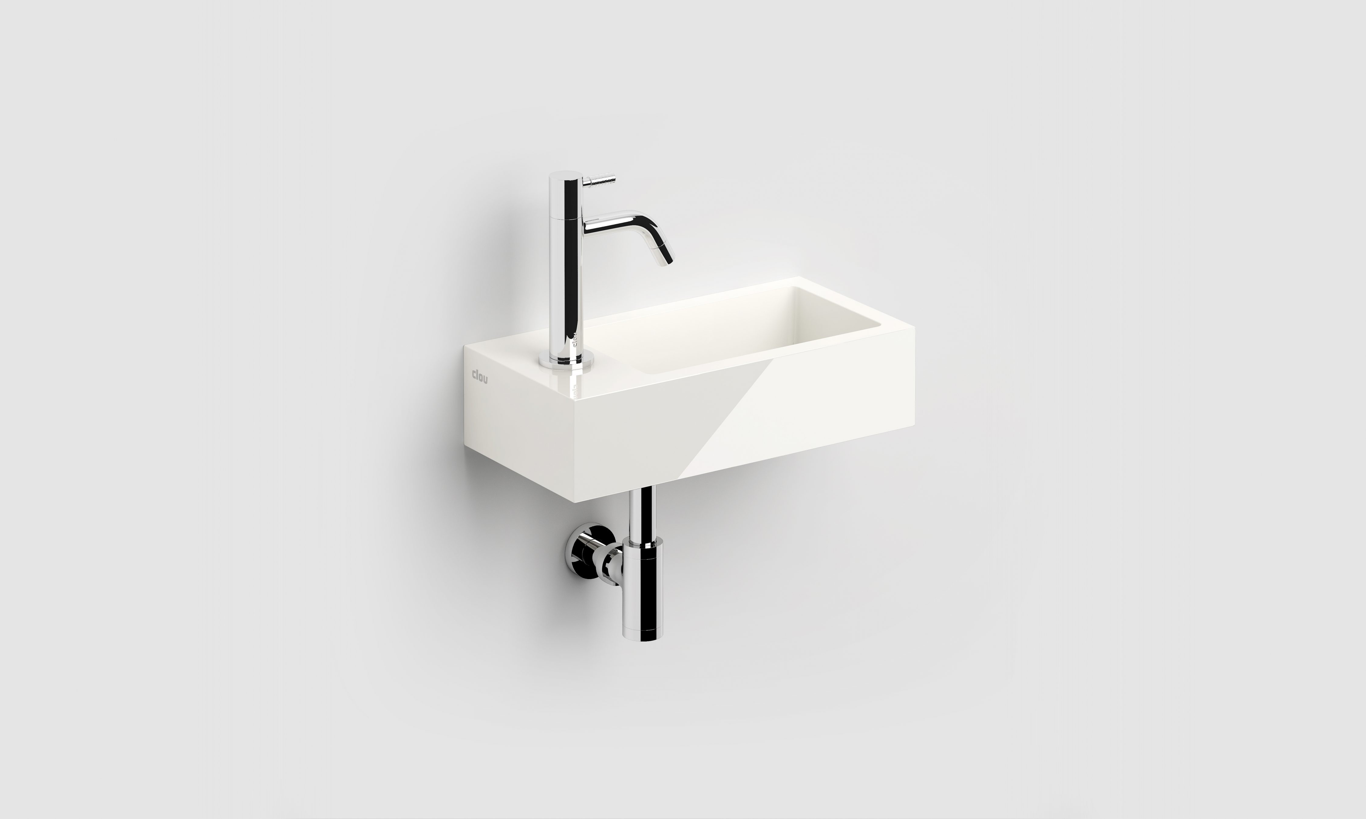 Flush 3 fontein links 36cm, met voorbewerkt kraangat, met afvoerplug, glanzend wit mineral marmer