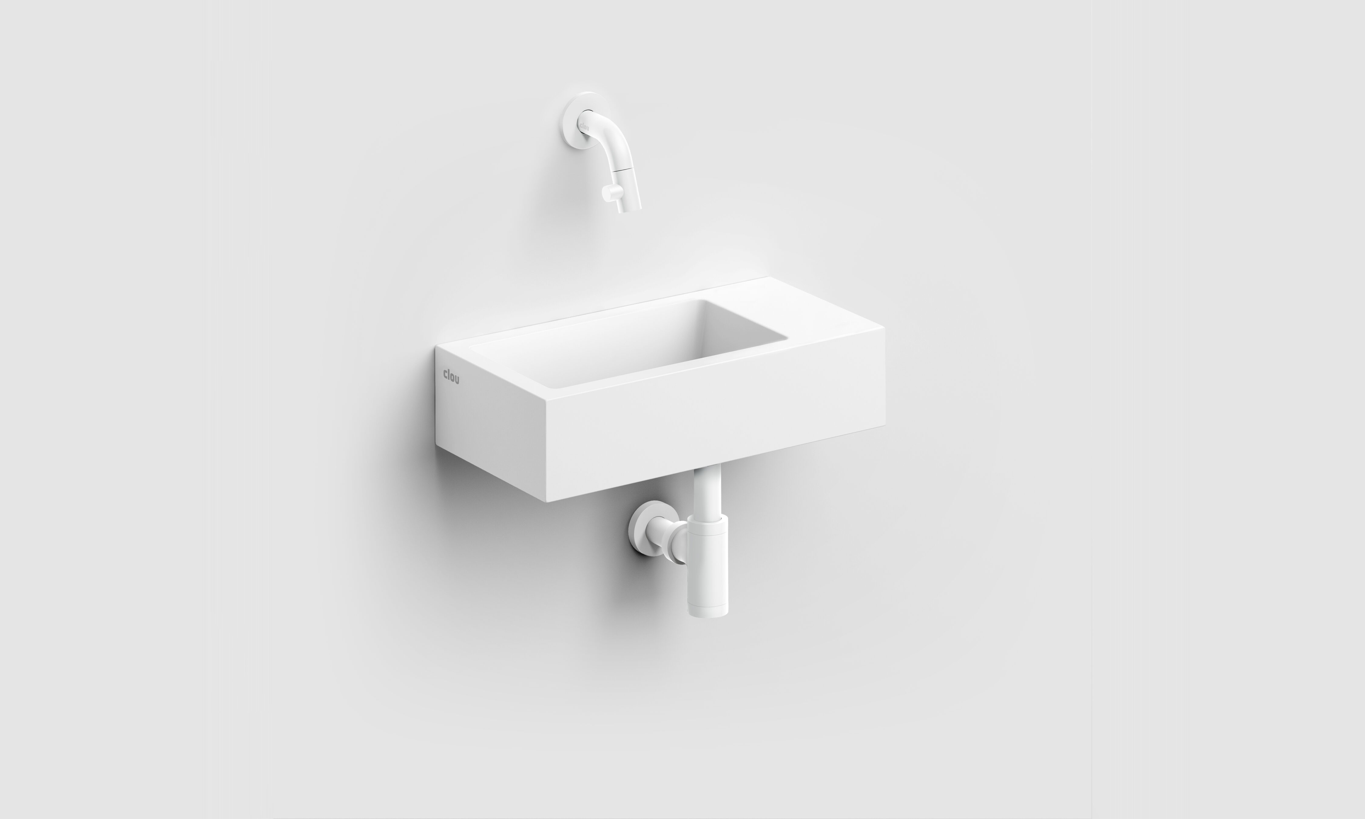 Flush 3 fontein rechts 36cm, met voorbewerkt kraangat, met afvoerplug, mat wit aluite