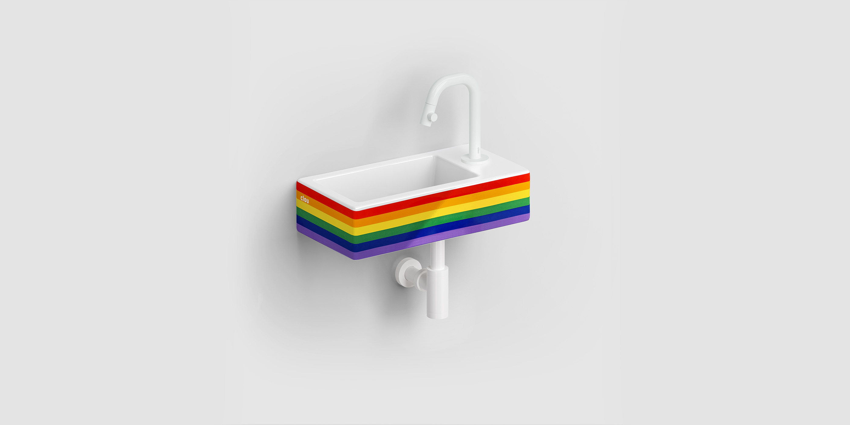 Flush 3 fontein 36cm, met kraangat rechts, met plug (chroom), glanzend regenboog keramiek