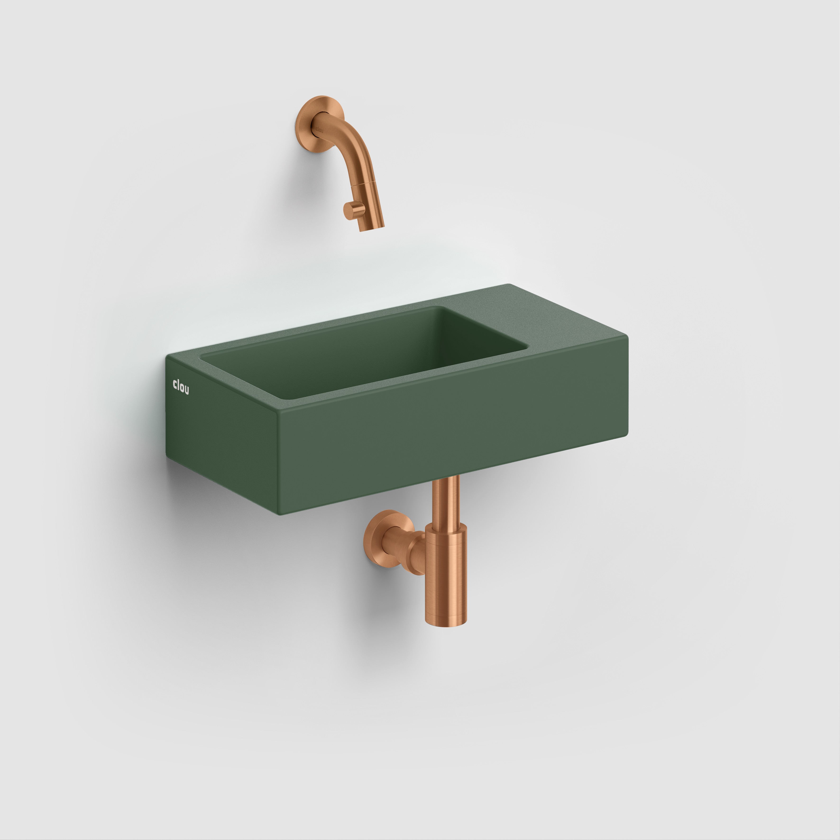 Flush 3 fontein rechts 36cm, zonder kraangat, met afvoerplug, mat pijnboom groen keramiek