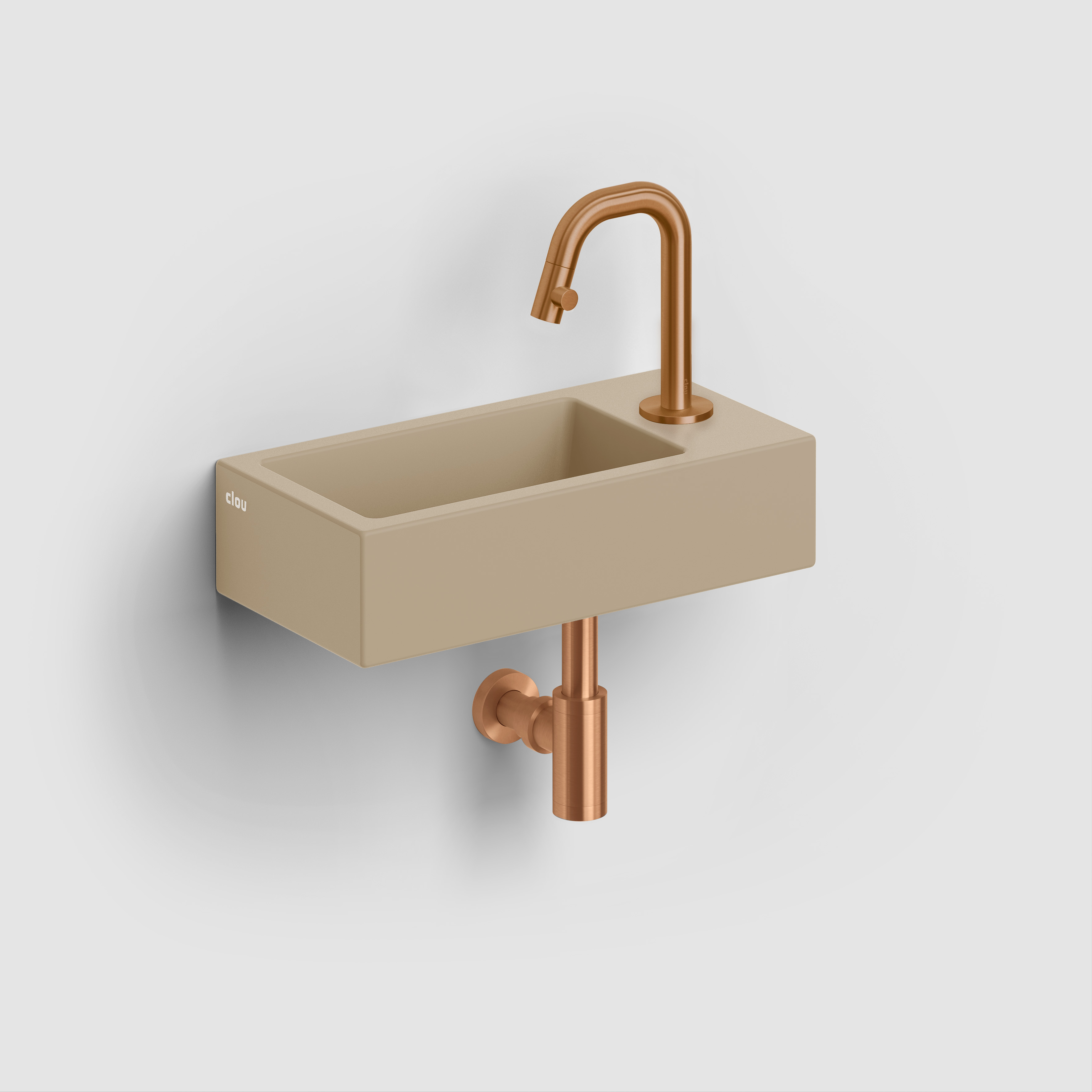 Flush 3 fontein rechts 36cm, met kraangat, met afvoerplug, mat mosterd keramiek