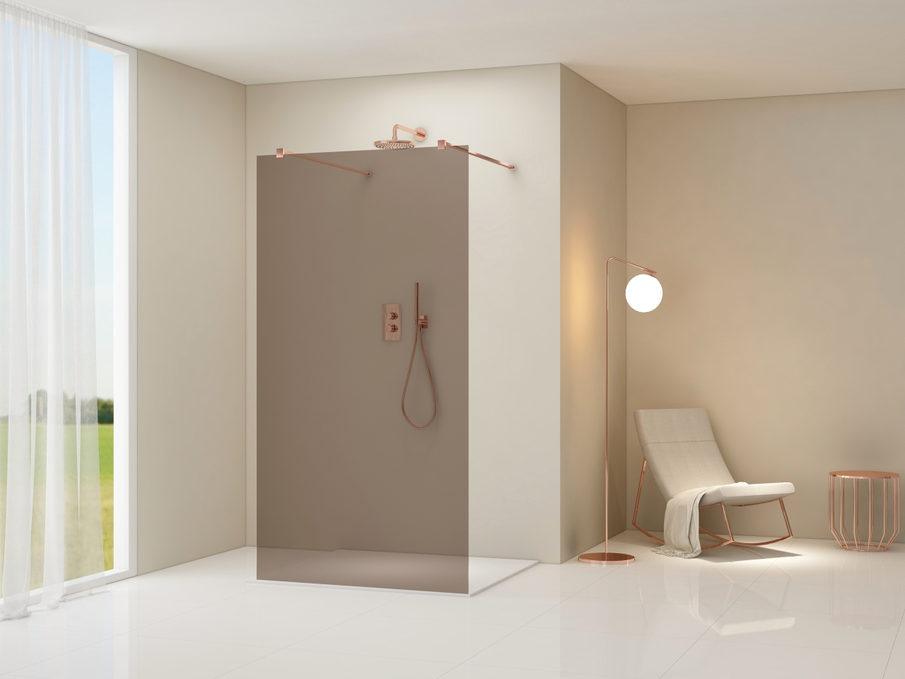 Vrijstaande wand 2000m mm hoog rookglas brons Brushed bronze beslag