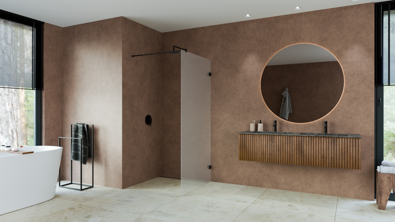 Vaste wand met stabilisatiestang glasplus max 120x200 cm met mat koper beslag
