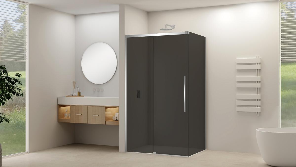 Zijwand tbv hoekcabine grijs rookglas incl. glasbehandeling (1170-1190) x 2000 Chroom beslag