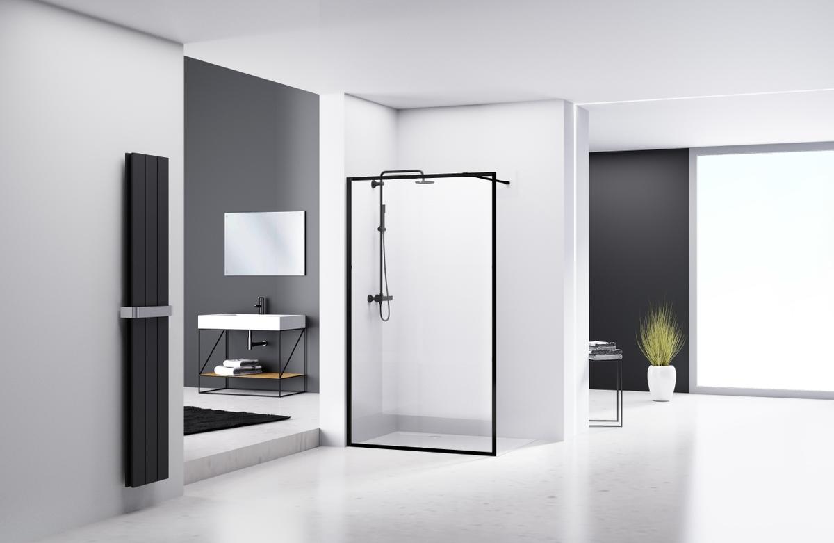 Vaste wand 87-89 cm breed 8mm helder glas 200cm hoog, aluminium omkaderd profiel zwart incl. stabilisatiestang 120cm