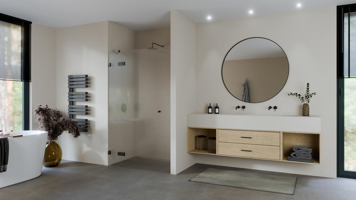 Deur aan vast deel Kaderprint helder glas max 140x200 cm met Mat gun metal beslag en designgat (kader, 3 vaks of 6 vaks verdeling aub aangeven bij bestelling)