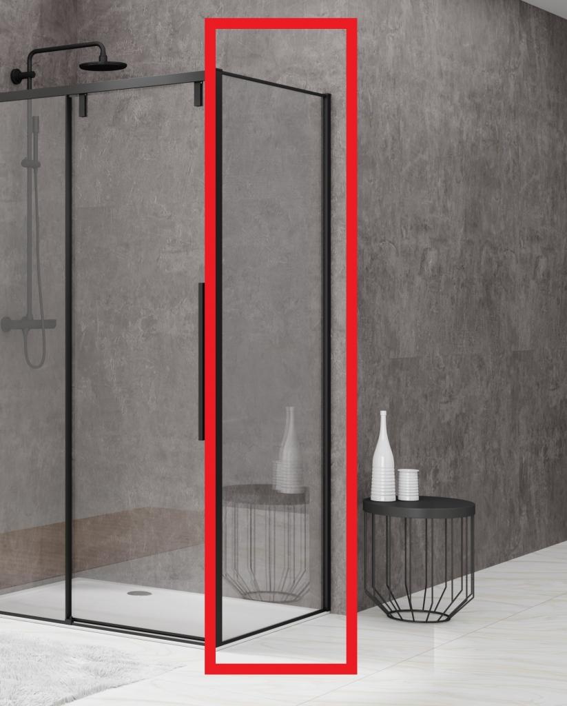Wand voor hoekcabine 690-705 x 2000 helder glas 8 mm incl. glasbehandeling, zwart. Combineren met schuifdeur naar keuze.