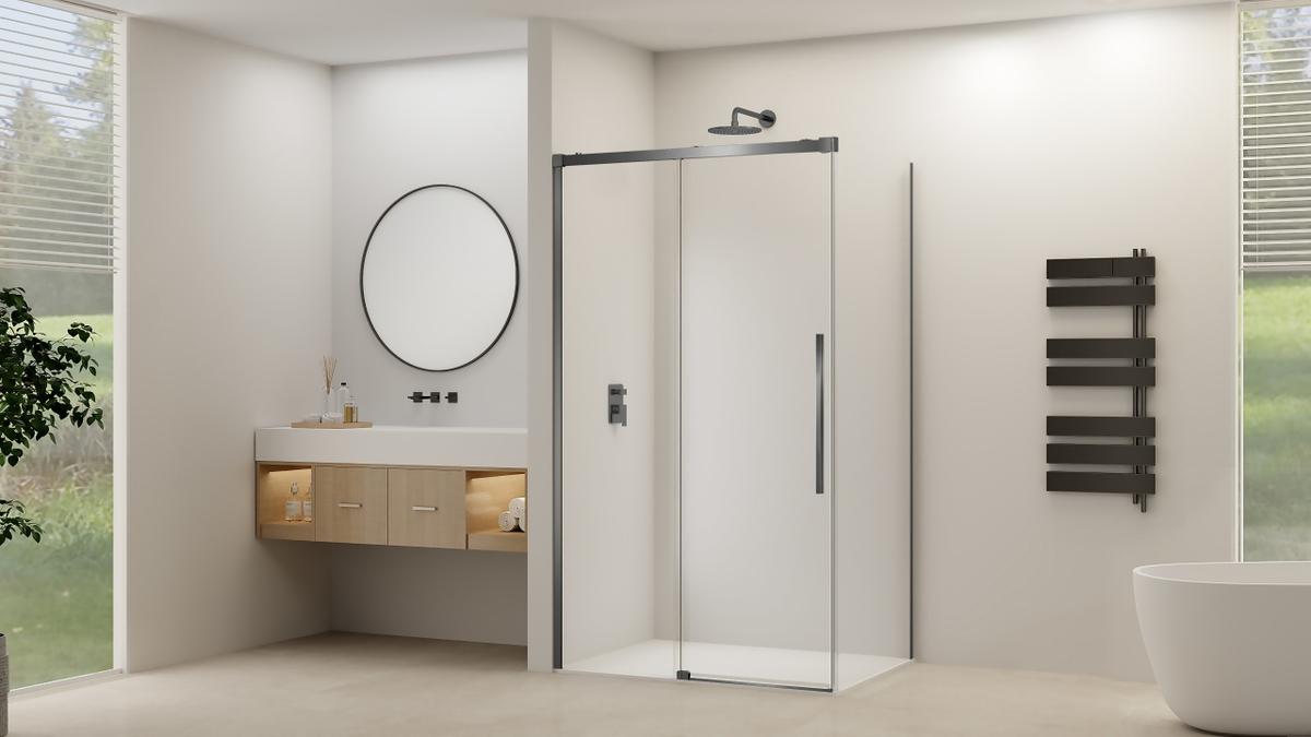 Zijwand tbv hoekcabine helder glas incl. glasbehandeling (1170-1190) x 2000 Geborsteld Gun Metal beslag