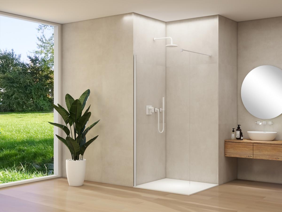 ST 01 vaste wand helder glas met Van Rijn Nano 29-31 cm wit beslag met muurprofiel