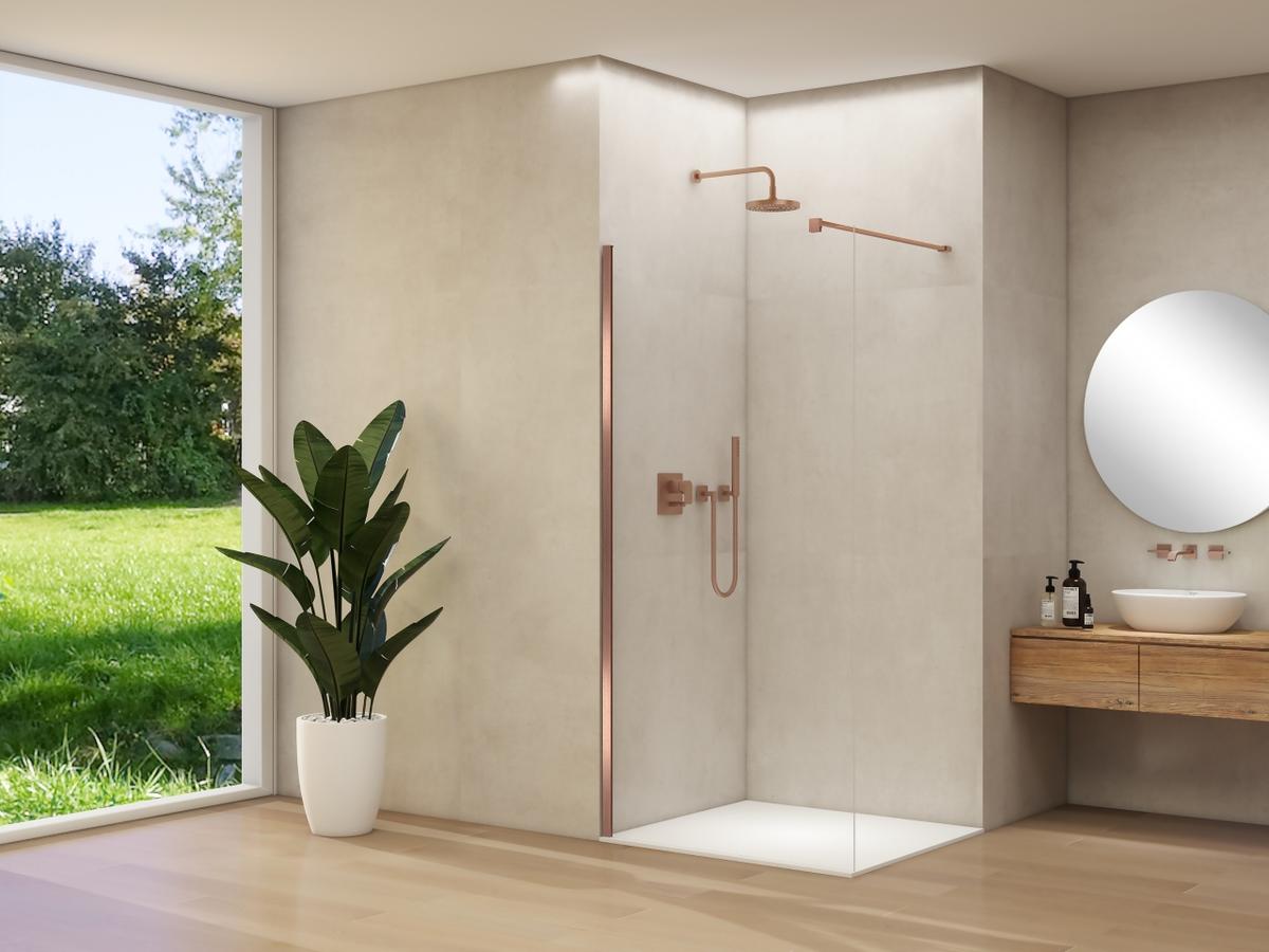 ST 01 vaste wand helder glas met Van Rijn Nano 107-109 cm geborsteld koper beslag met muurprofiel en stabilisatiestang