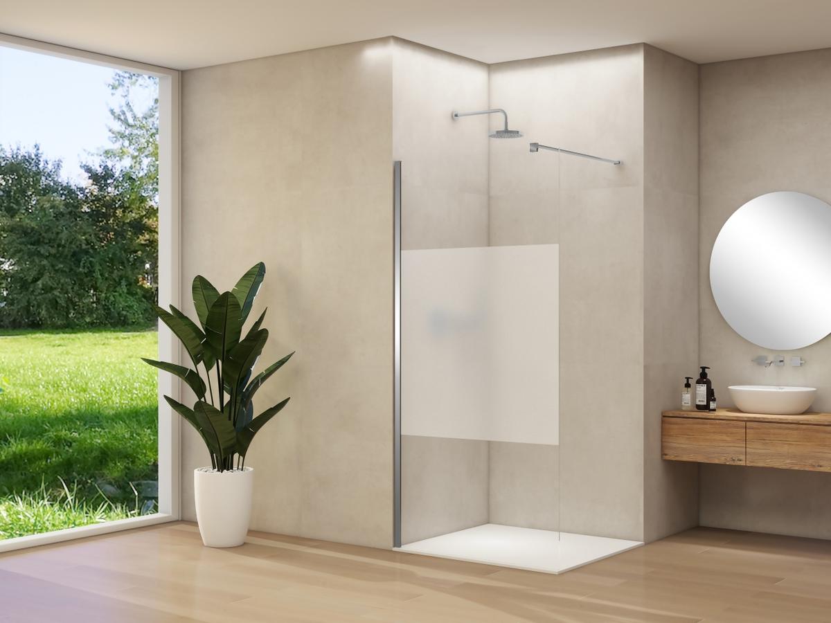 ST 01 vaste wand helder glas met satijnbaan en Van Rijn Nano 59-61 cm geborsteld koper beslag met muurprofiel