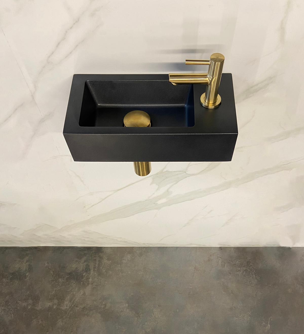 Fonteinset Rhea S mini met fontein rechts quartz, kraan, sifon en afvoerplug geborsteld messing
