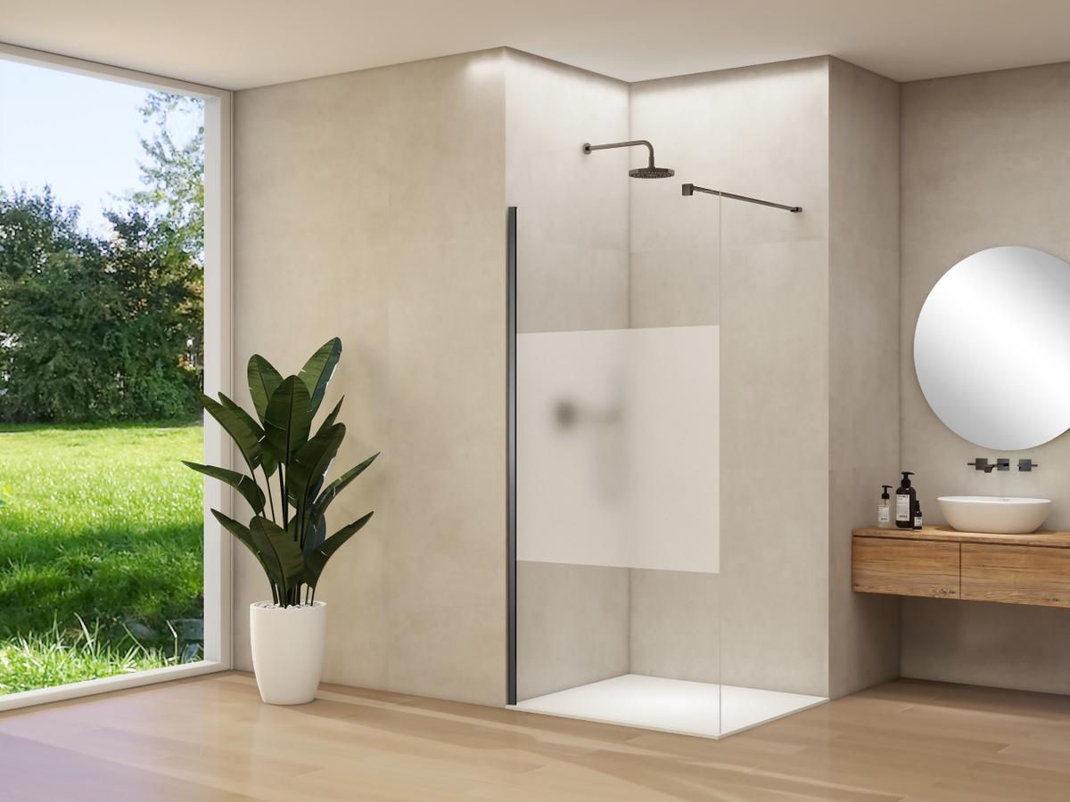 ST 01 vaste wand helder glas met satijnbaan en Van Rijn Nano 69-71 cm geborsteld gunmetal beslag met muurprofiel en stabilisatiestang