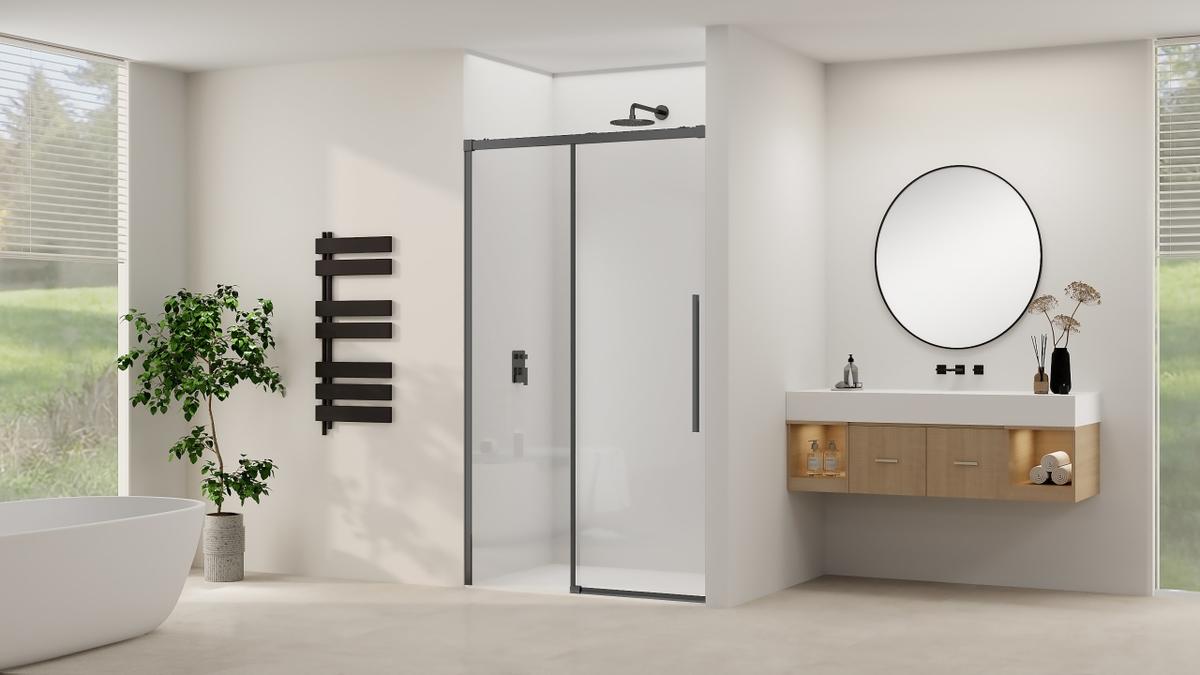 Schuifdeur soft-close rookglas brons max 140x200 cm met Geborsteld brons beslag en greep