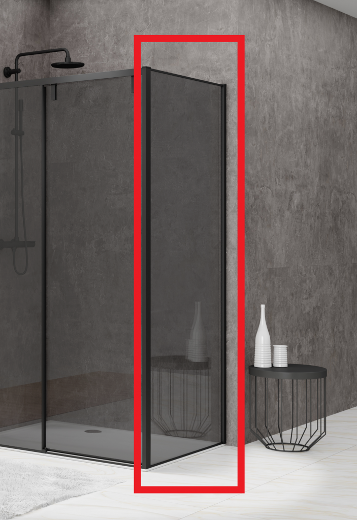 Wand voor hoekcabine 690-705 x 2000 grijs rookglas 8 mm incl. glasbehandeling, zwart. Combineren met schuifdeur naar keuze.