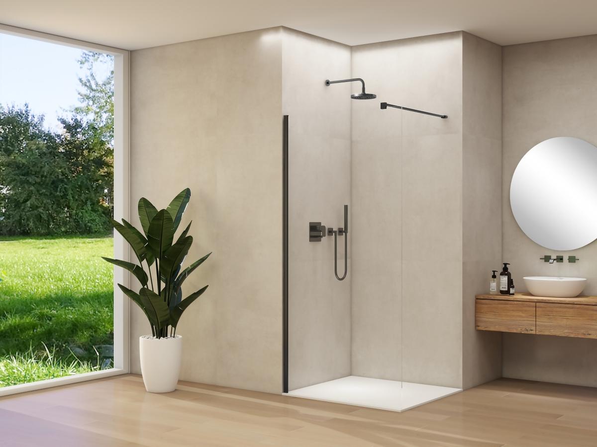 ST 01 vaste wand helder glas met Van Rijn Nano 69-71 cm zwart beslag met muurprofiel en stabilisatiestang
