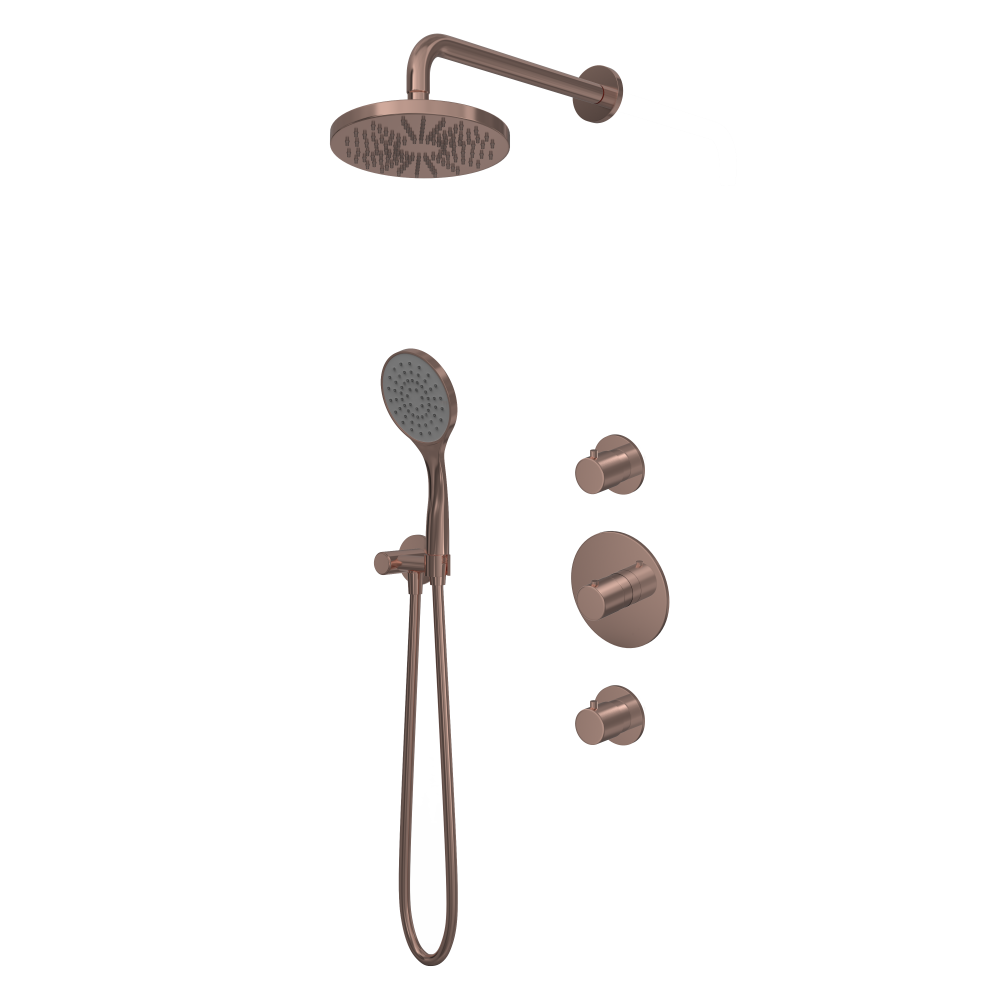 Buddy IBS12 inbouw-doucheset met 2 stopkranen - Geborsteld koper PVD - Staaf, 1 stand handdouche - Plafondbuis 30 cm - Rond Ø20 cm hoofddouche - met glijstang