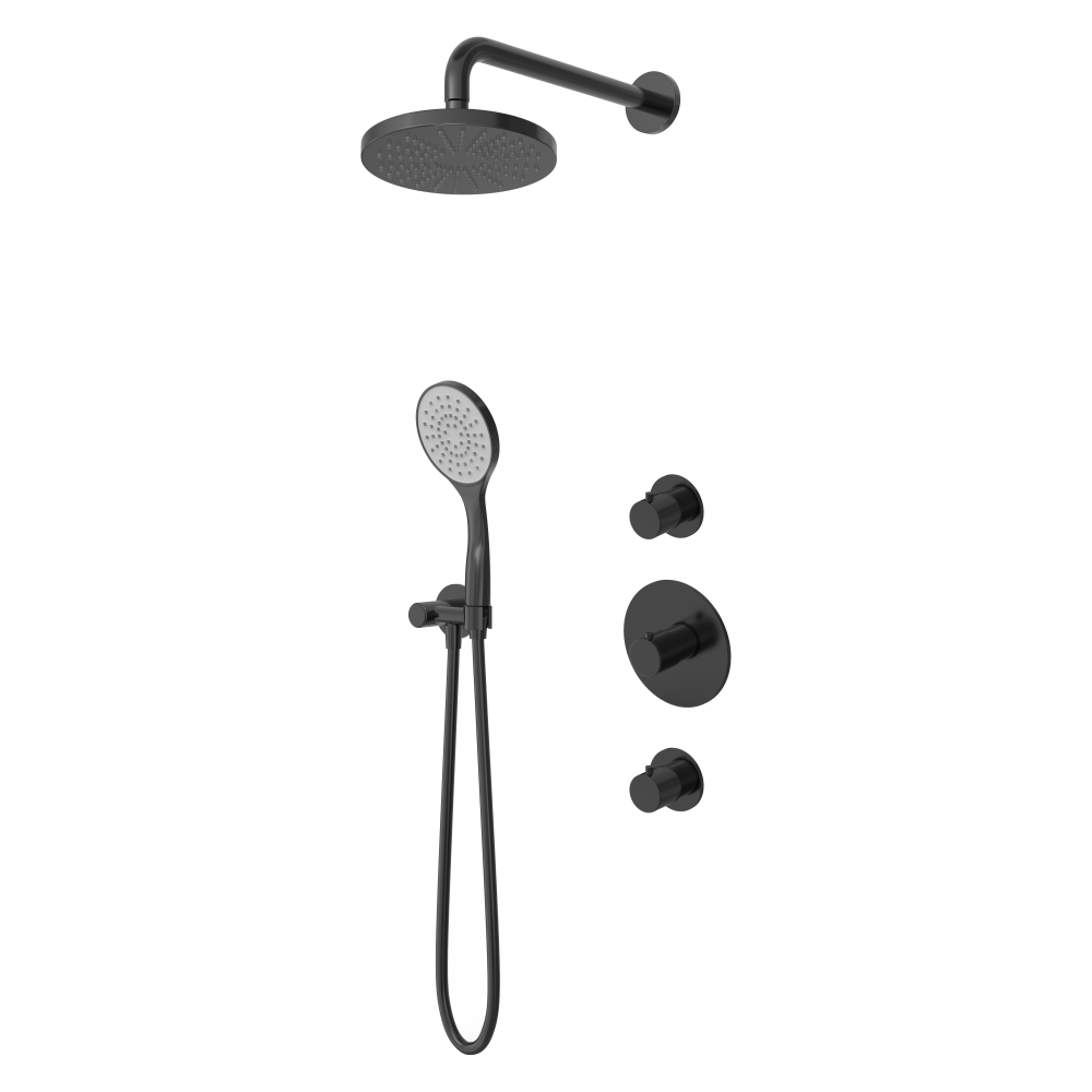 Buddy IBS12 inbouw-doucheset met 2 stopkranen - Geborsteld zwart PVD - Staaf, 1 stand handdouche - Plafondbuis 30 cm - Rond Ø20 cm hoofddouche - met glijstang