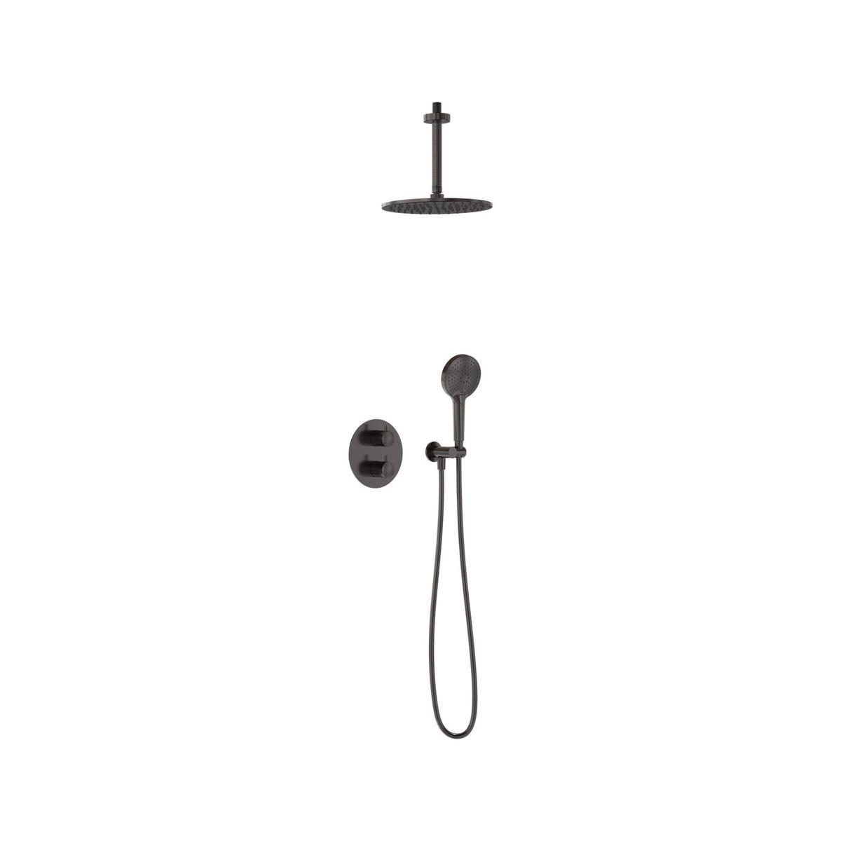Regendoucheset inbouw met thermostaat en plafondbuis, incl. 3-standen handdouche en hoofddouche Ø25cm - Geborsteld carbon black PVD