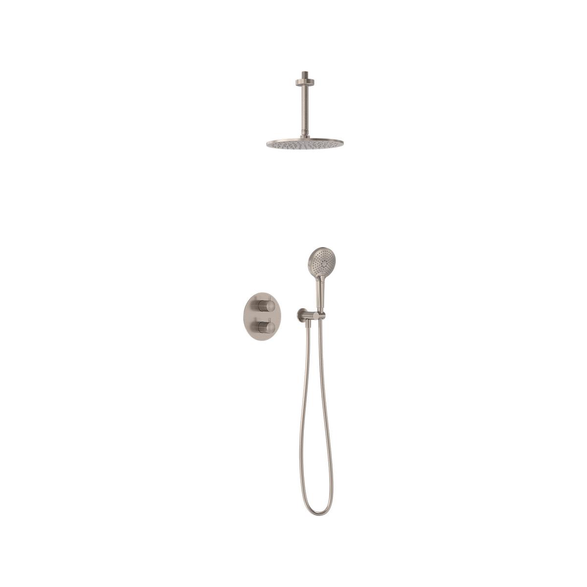 Regendoucheset inbouw met thermostaat en plafondbuis, incl. 3-standen handdouche en hoofddouche Ø25cm - Geborsteld nickel PVD