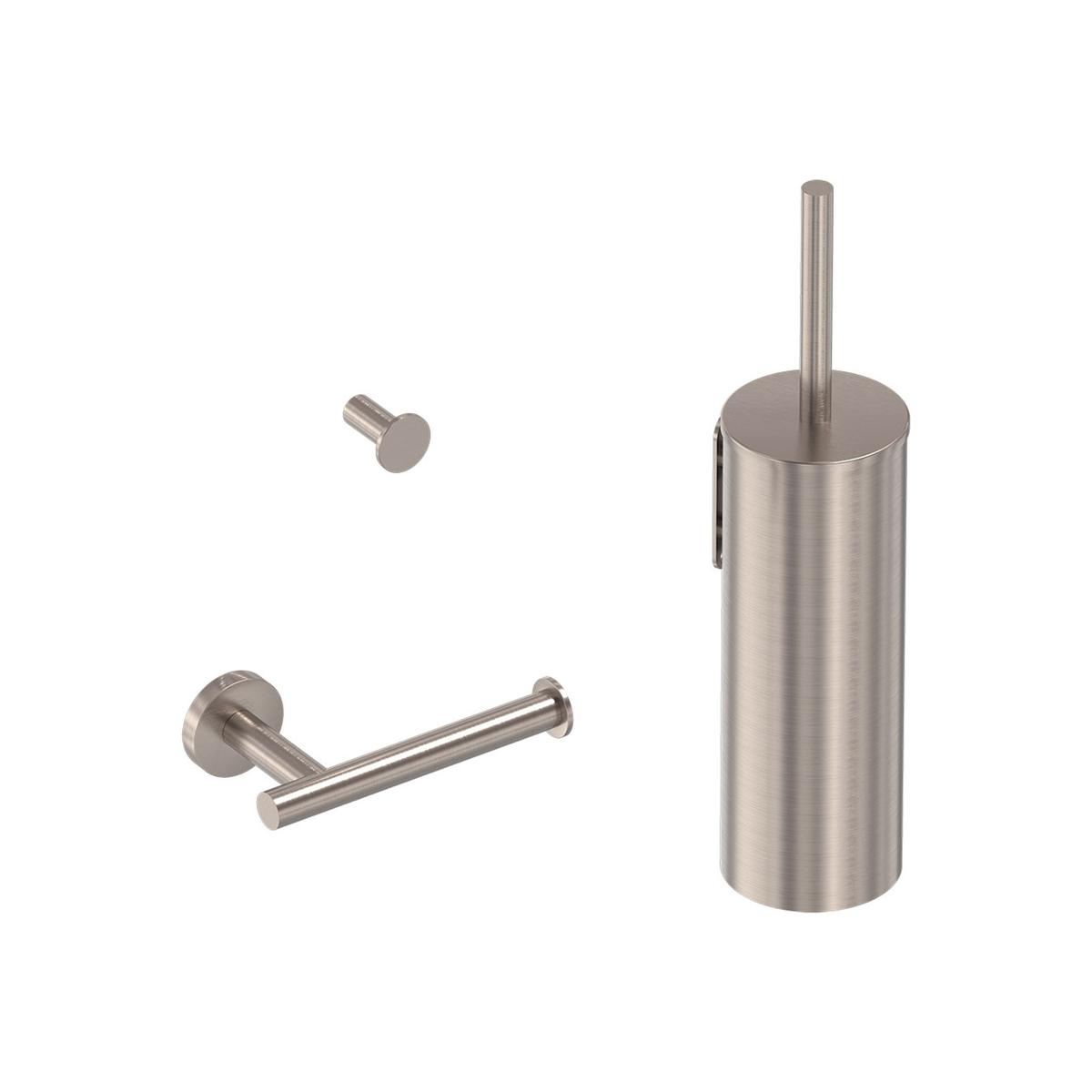 Accessoireset bestaande uit borstelgarnituur, toilethaakje en rolhouder - Geborsteld nickel PVD