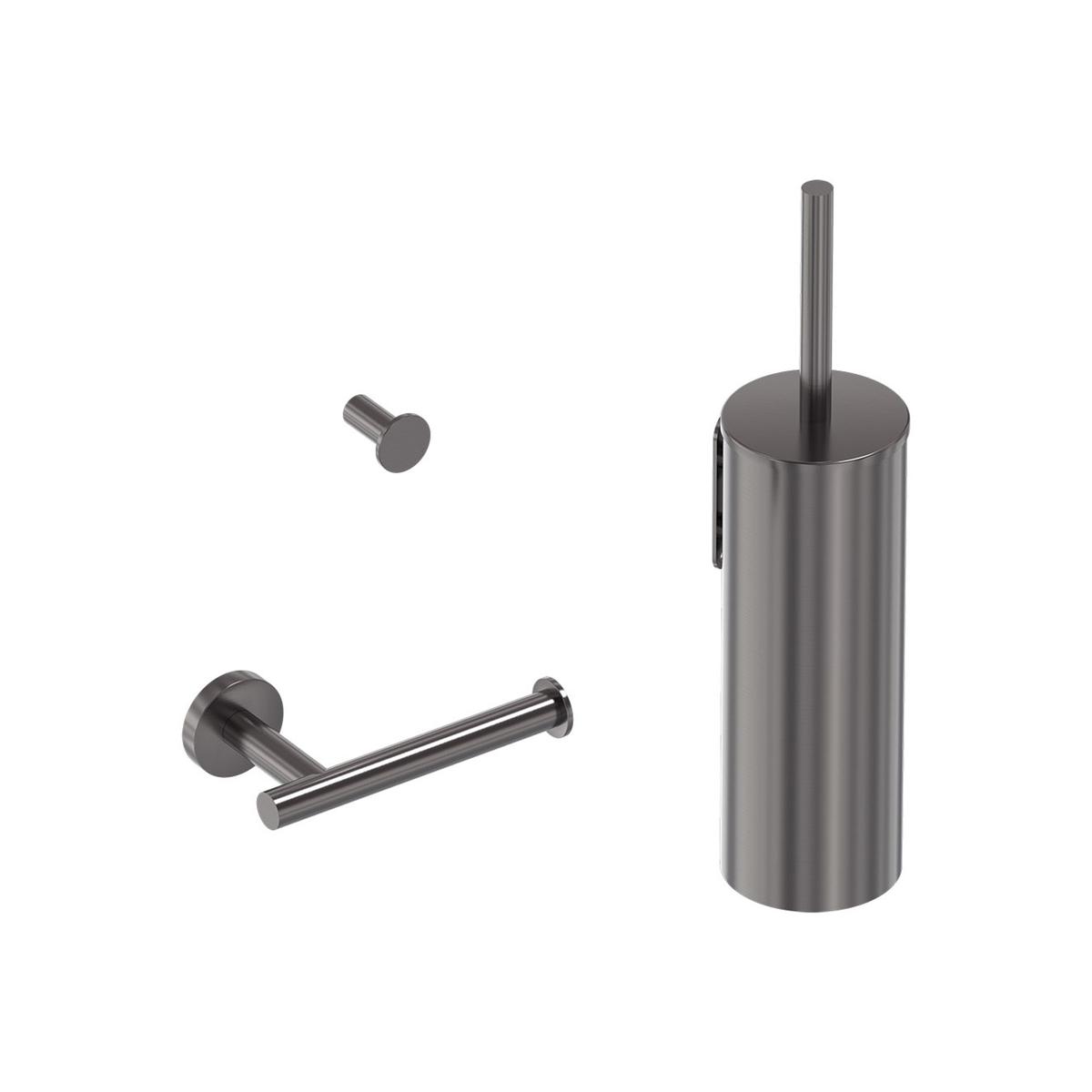Accessoireset bestaande uit borstelgarnituur, toilethaakje en rolhouder - Geborsteld carbon black PVD