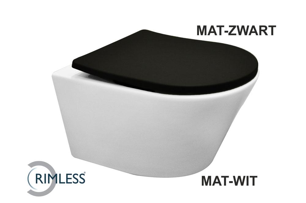 Vesta wandcloset rimless met Shade slim toiletzitting softclose en quick release, mat wit met zwarte zitting