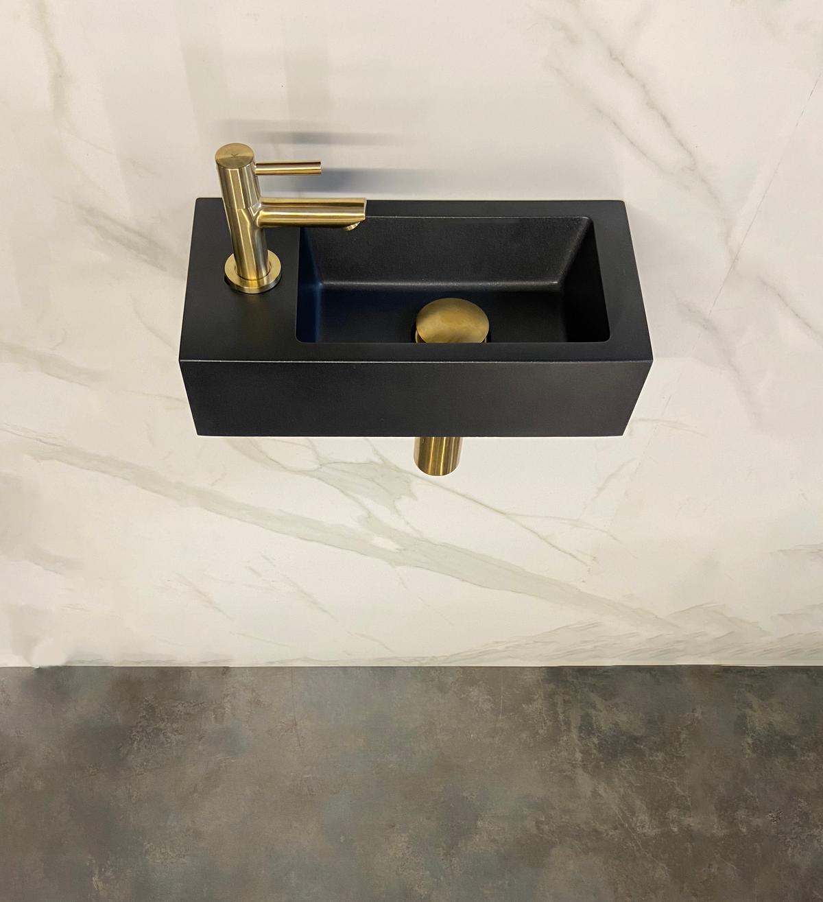 Fonteinset Rhea S mini met fontein links quartz, kraan, sifon en afvoerplug